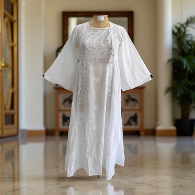 XS/S Embroidery Cindrella White Plain Cotton Dress 54&quot; Long Jalabiya