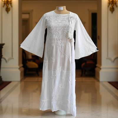 XS/S Embroidery Cindrella White Plain Cotton Dress 54&quot; Long Jalabiya