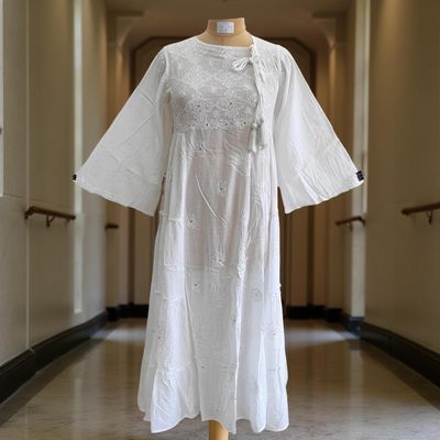 XS/S Embroidery Cindrella White Plain Cotton Dress 54&quot; Long Jalabiya