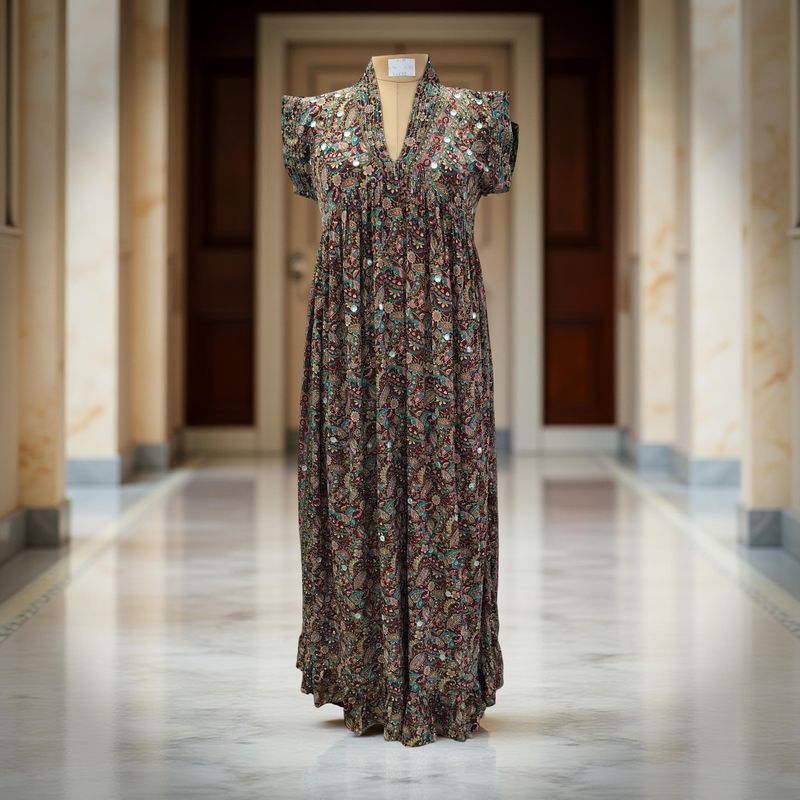 S/M Amani Silk Crystal Printed  Dress 57&quot; Long Jalabiya