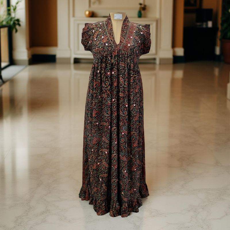 S/M Amani Silk Crystal Printed  Dress 57&quot; Long Jalabiya