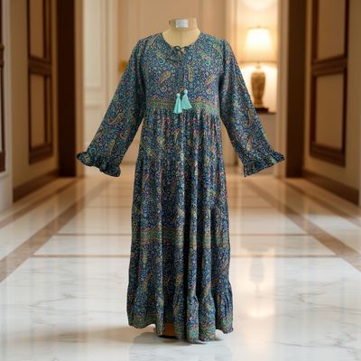 S/M Razia Silk Crystal Printed  Dress 57&quot; Long Jalabiya