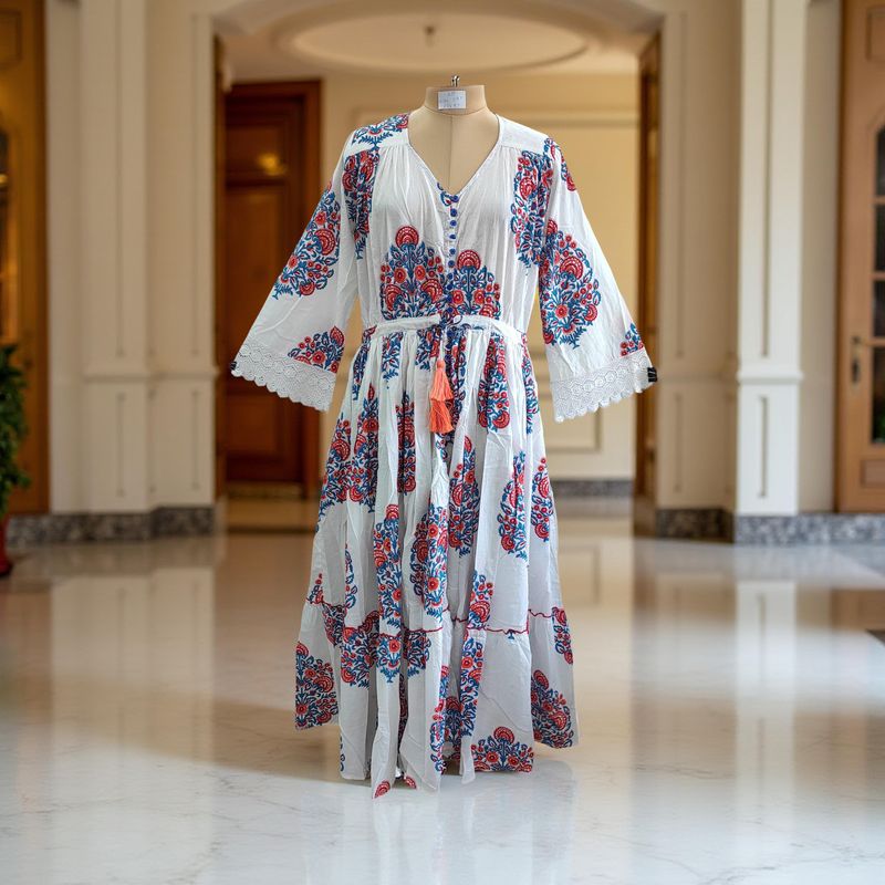 S/M Ari Printed Cotton Dress 57&quot; Long Jalabiya