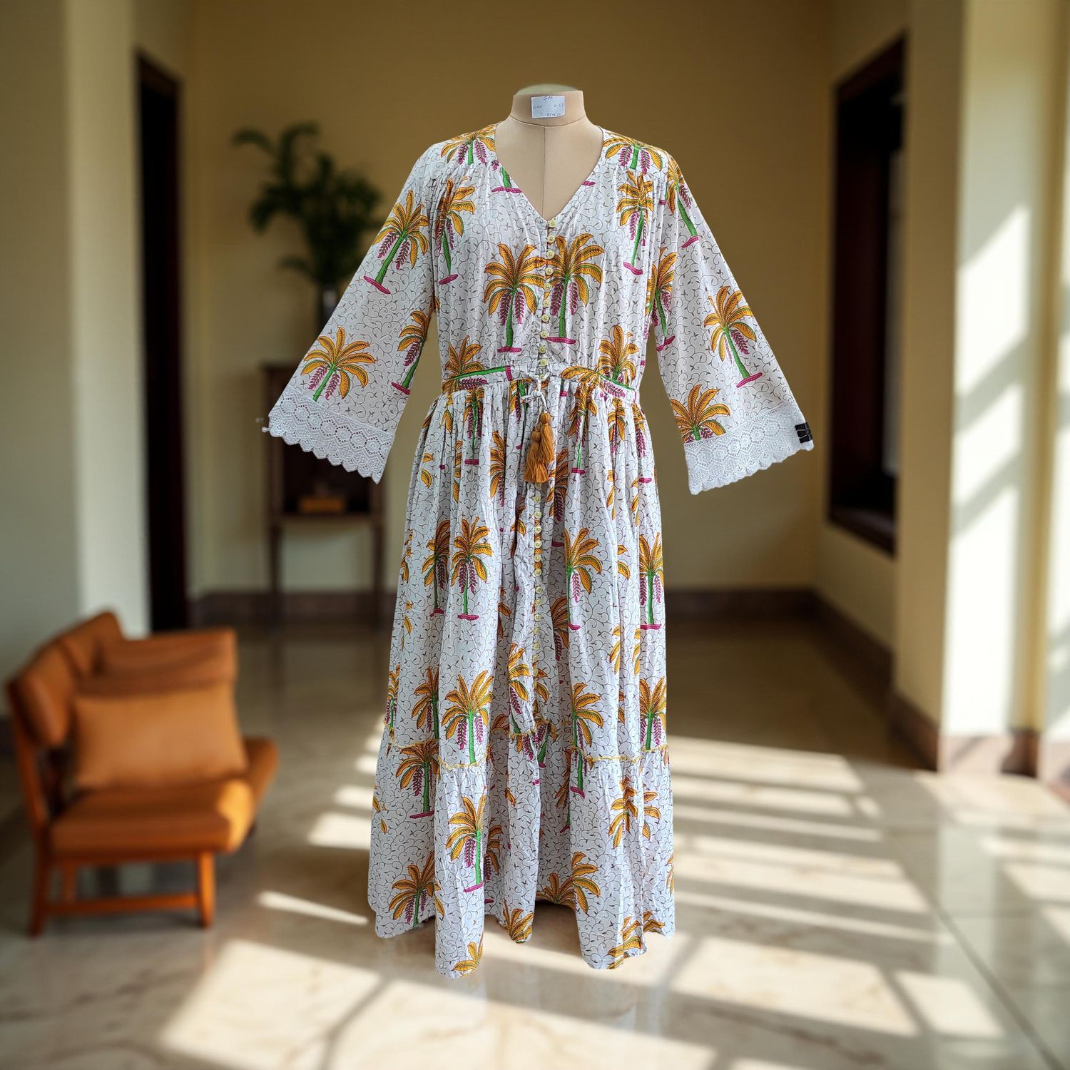 S/M Ari Printed Cotton Dress 57&quot; Long Jalabiya