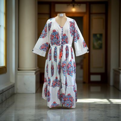 S/M Ari Printed Cotton Dress 57&quot; Long Jalabiya