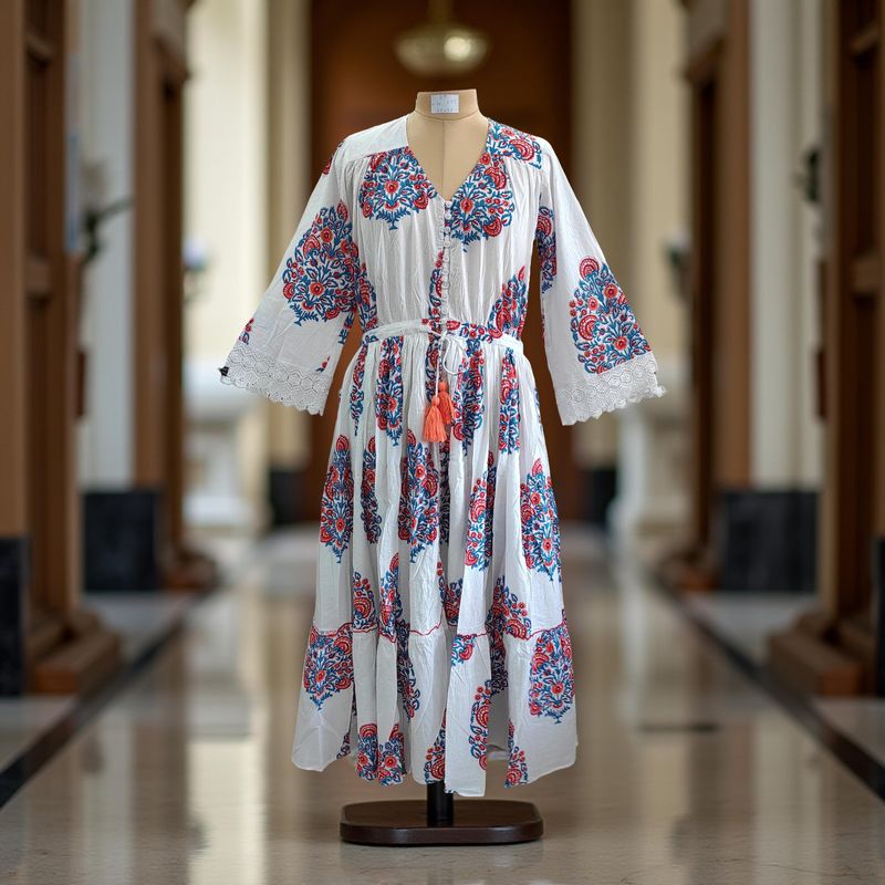 S/M Ari Printed Cotton Dress 57&quot; Long Jalabiya