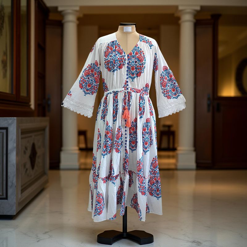 S/M Ari Printed Cotton Dress 57&quot; Long Jalabiya