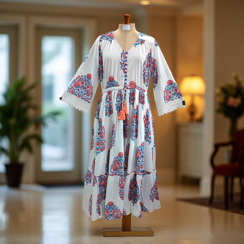 S/M Ari Printed Cotton Dress 57&quot; Long Jalabiya