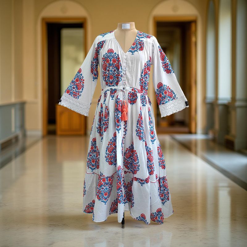 S/M Ari Printed Cotton Dress 57&quot; Long Jalabiya
