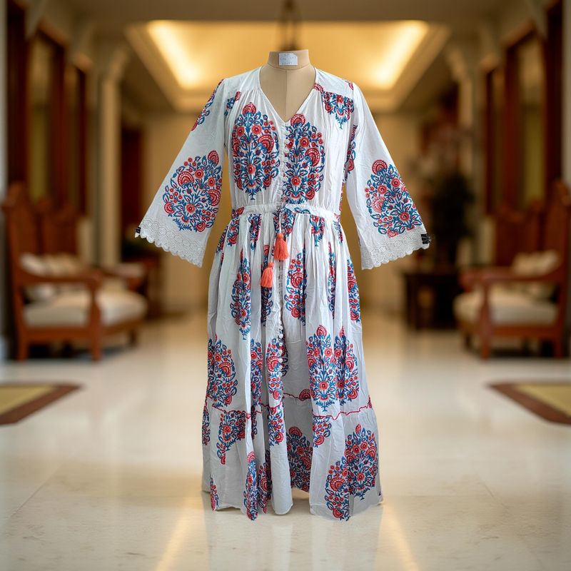 S/M Ari Printed Cotton Dress 57&quot; Long Jalabiya
