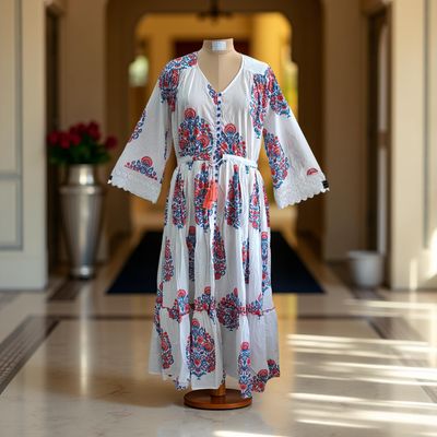 S/M Ari Printed Cotton Dress 57&quot; Long Jalabiya
