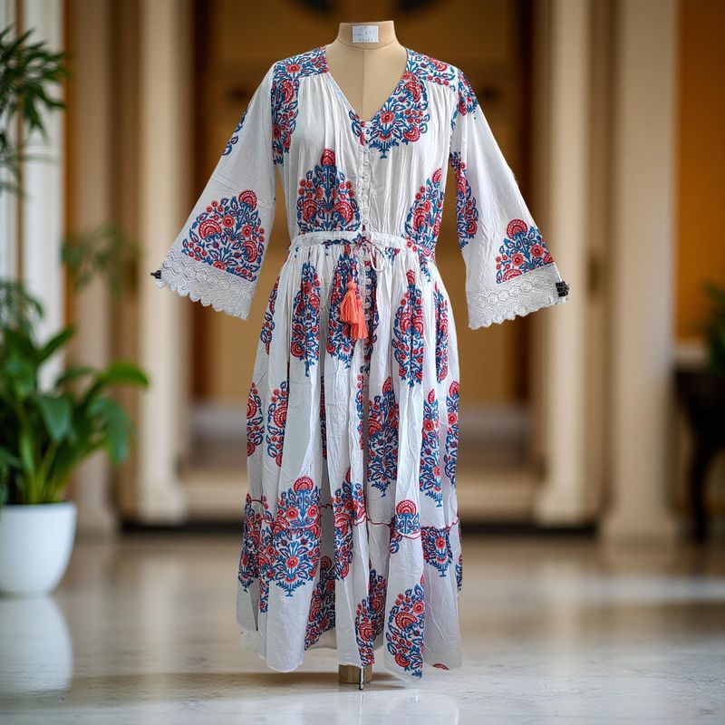 S/M Ari Printed Cotton Dress 57&quot; Long Jalabiya