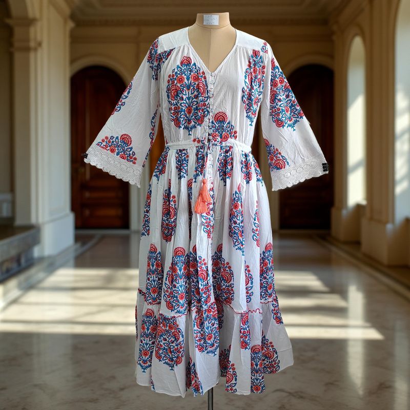 S/M Ari Printed Cotton Dress 57&quot; Long Jalabiya