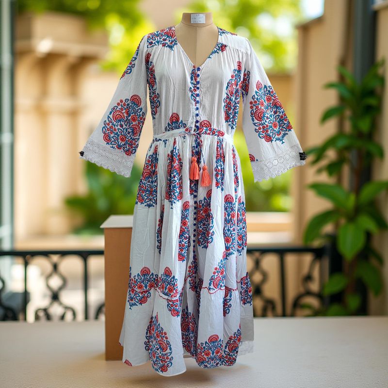 S/M Ari Printed Cotton Dress 57&quot; Long Jalabiya