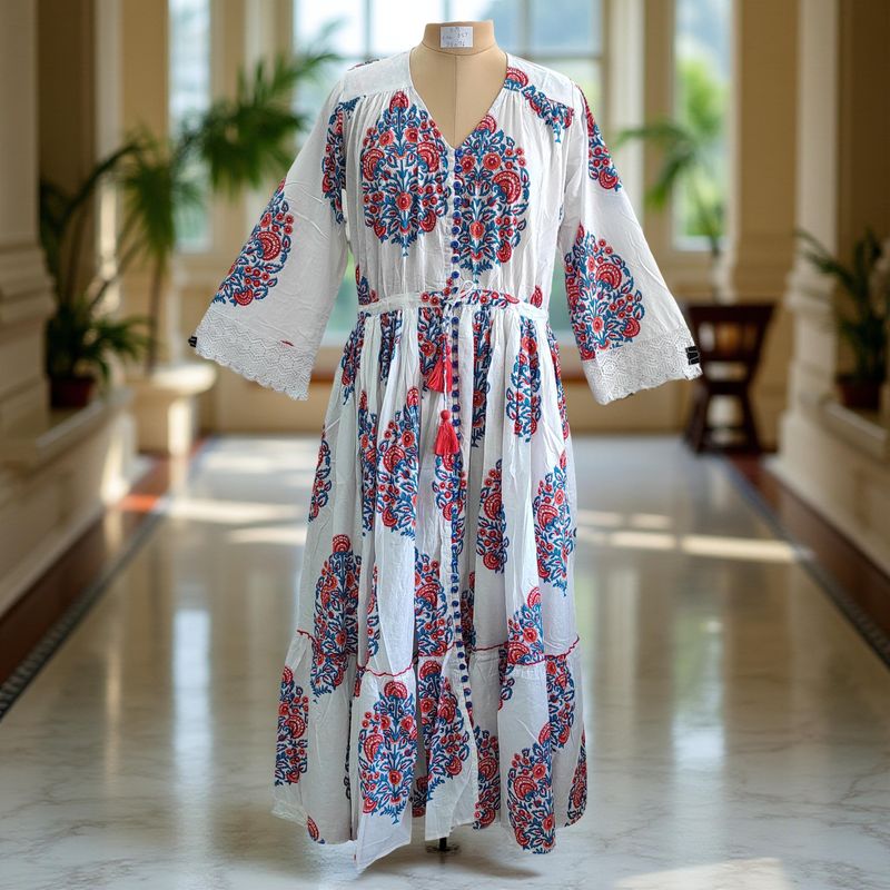 S/M Ari Printed Cotton Dress 57&quot; Long Jalabiya