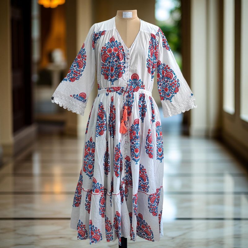 S/M Ari Printed Cotton Dress 57&quot; Long Jalabiya