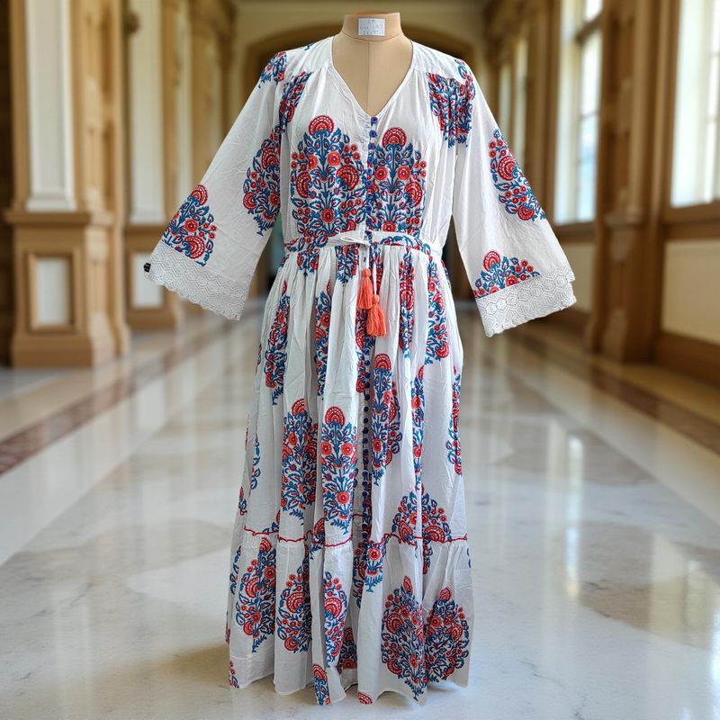 S/M Ari Printed Cotton Dress 57&quot; Long Jalabiya