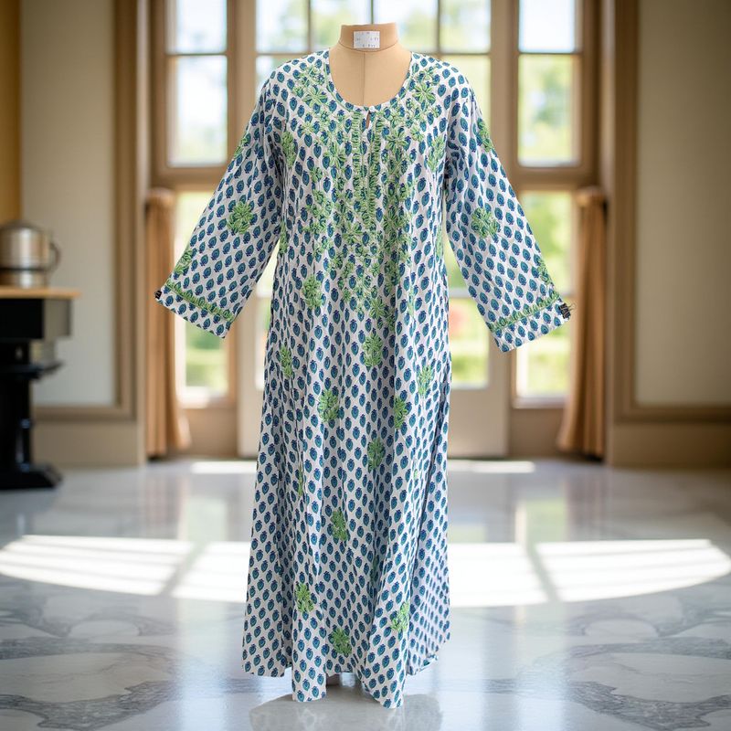 S/M Fahar Embroidery Printed Cotton Dress 57&quot; Long Jalabiya