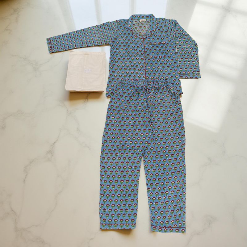 S/M Cotton Full Sleeves Shirt Collar Neck Pajama Set