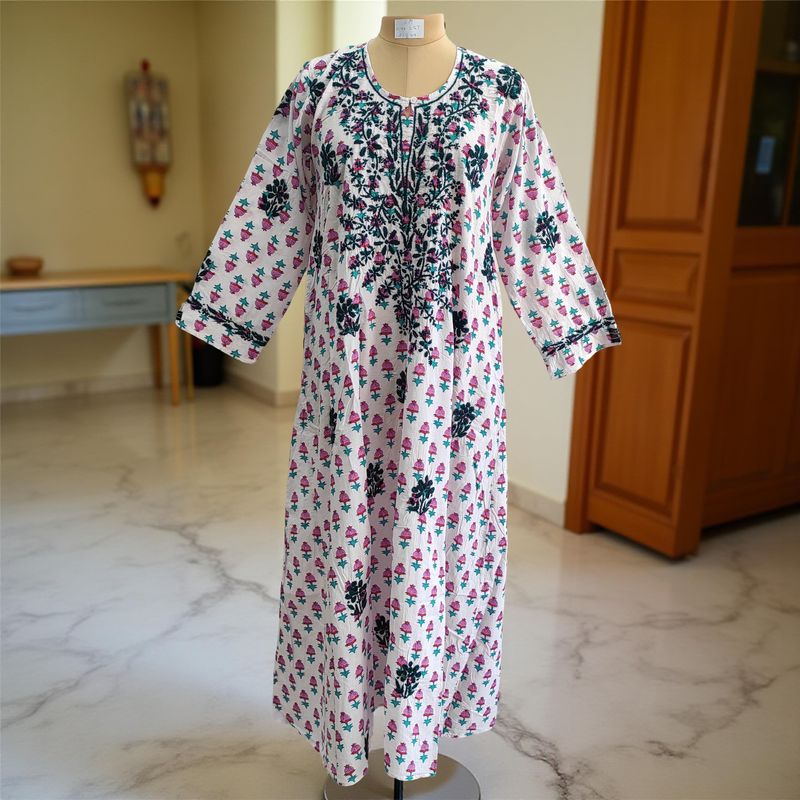 S/M Fahar Embroidery Printed Cotton Dress 57&quot; Long Jalabiya