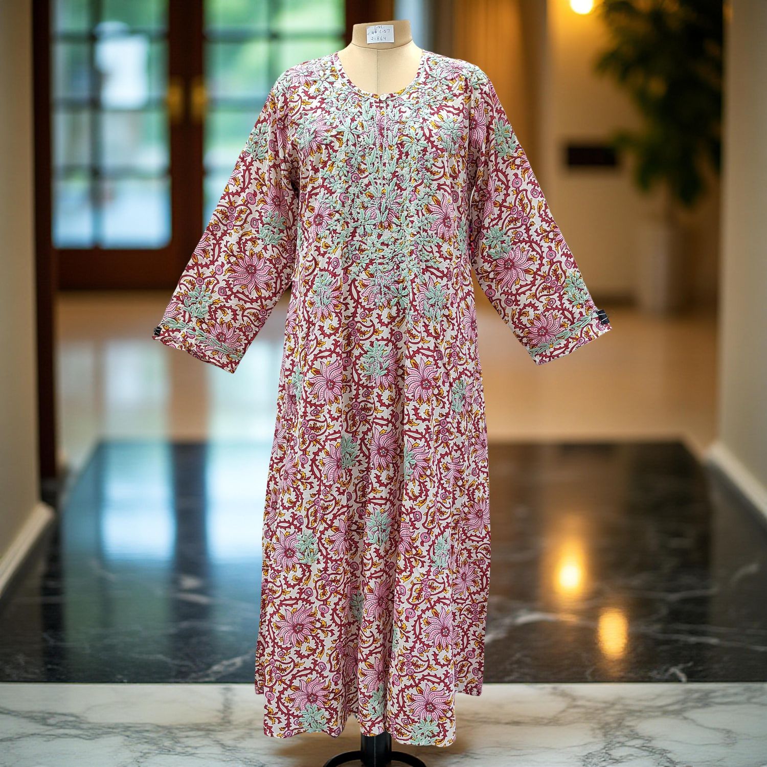 L/XL Fahar Embroidery Printed Cotton Dress 57&quot; Long Jalabiya