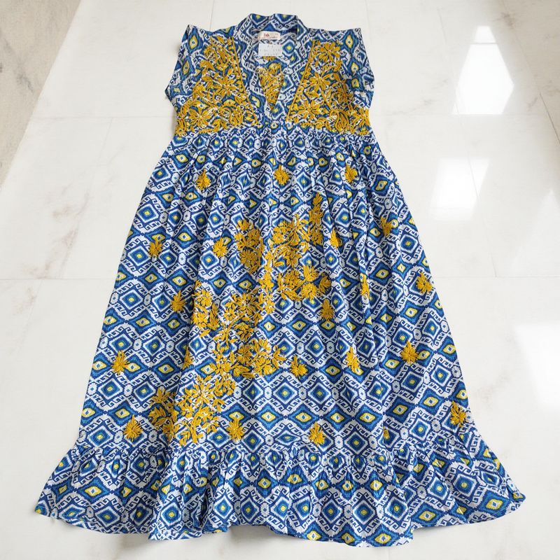 8-9 Year Amani  Embroidery Printed Cotton Girls Dress 42&quot; Short Sleeves Jalabiya