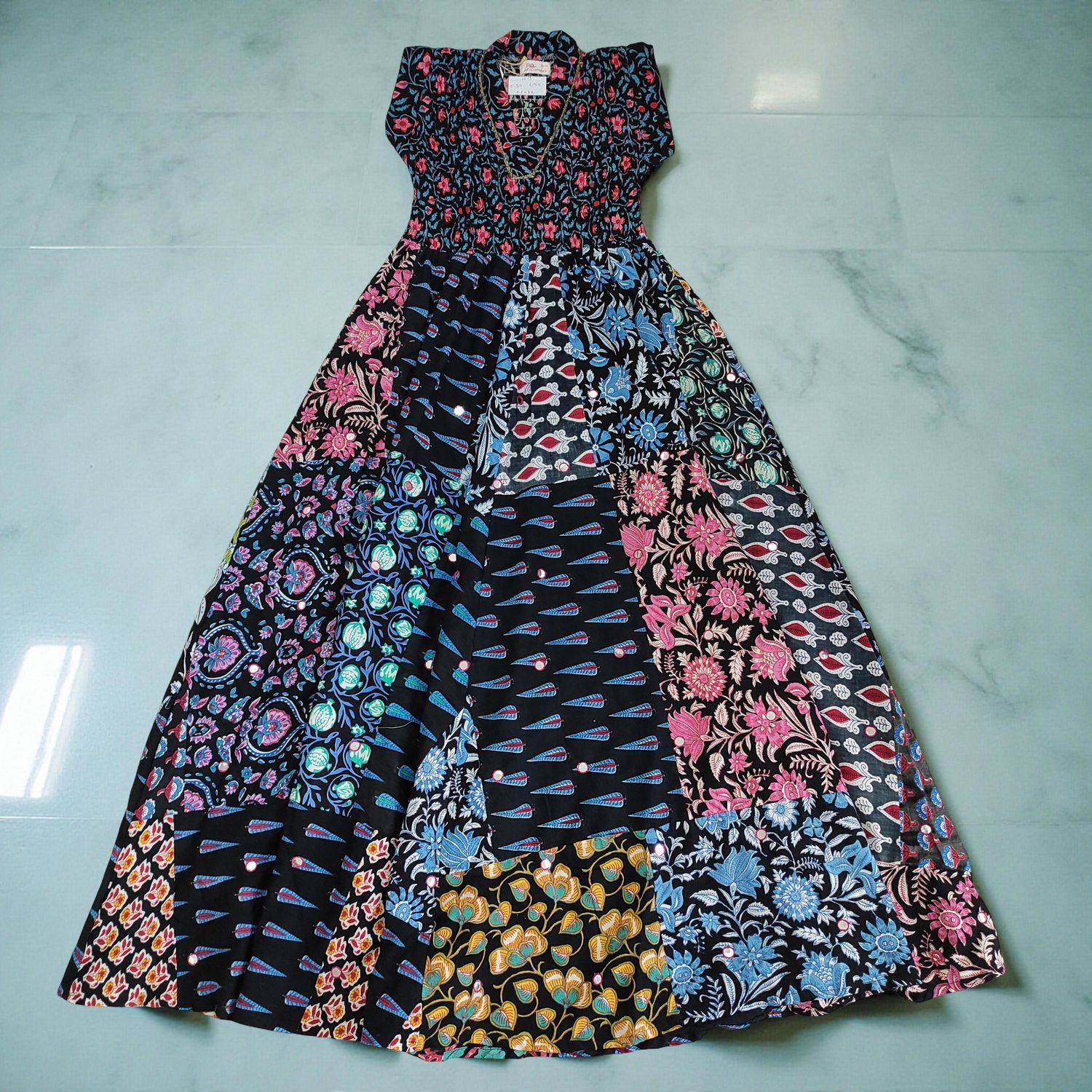 12-13 Year Amani Printed Cotton Girls Dress 50&quot; Short Sleeves Jalabiya
