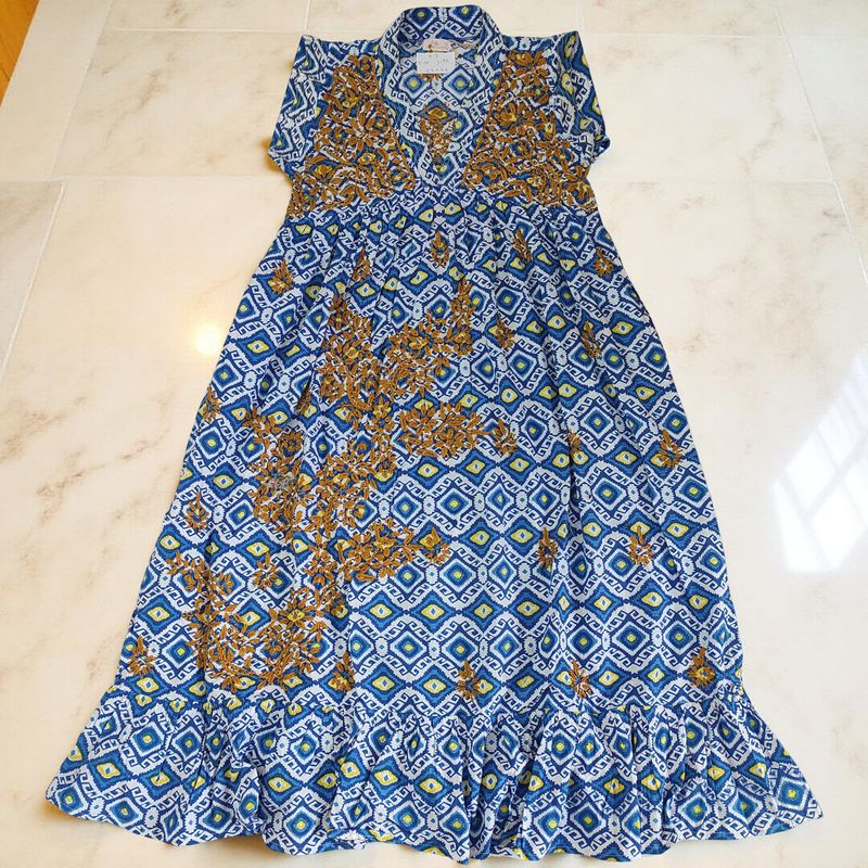 8-9 Year Amani  Embroidery Printed Cotton Girls Dress 42&quot; Short Sleeves Jalabiya