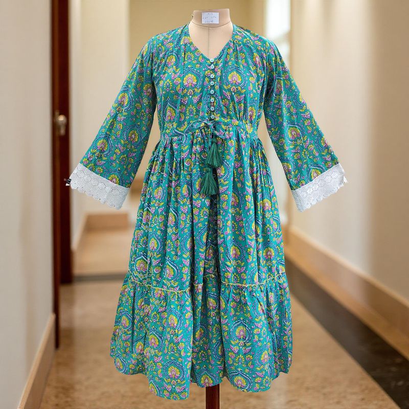 12-13 Year Ari Printed Cotton Girls Dress 50&quot; Long Jalabiya