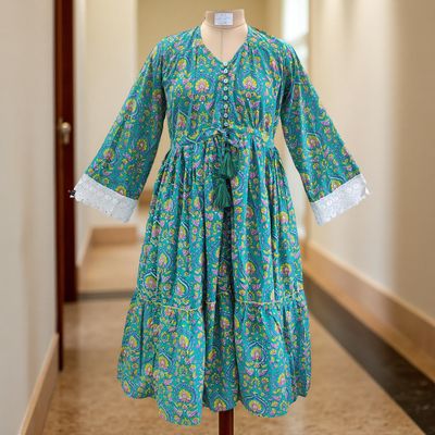 12-13 Year Ari Printed Cotton Girls Dress 50&quot; Long Jalabiya