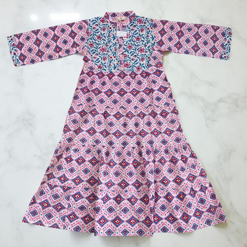 8-9 Year Safia Printed Cotton Girls Dress 42&quot; Long Jalabiya