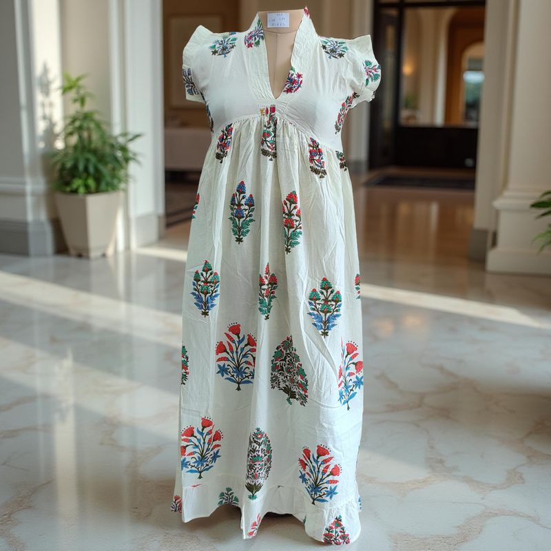 XS/S  Amani Printed Cotton Dress 54&quot; Short Sleeves Jalabiya