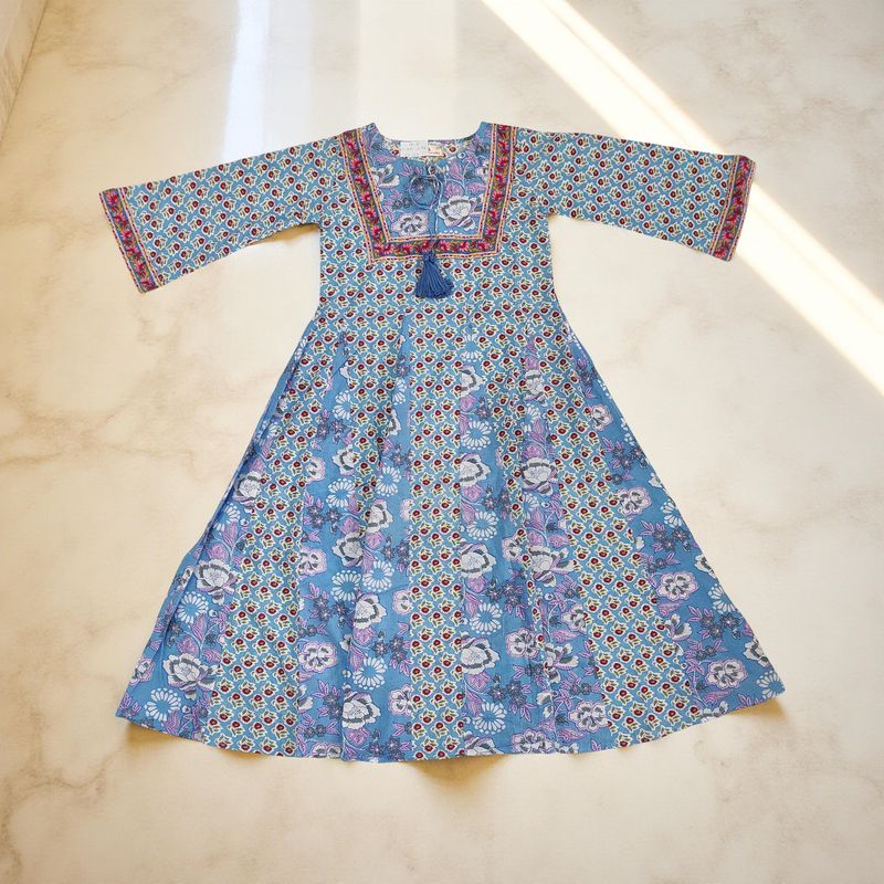 10-11  Year Anaya Printed Cotton Girls Dress 46&quot; Long Jalabiya
