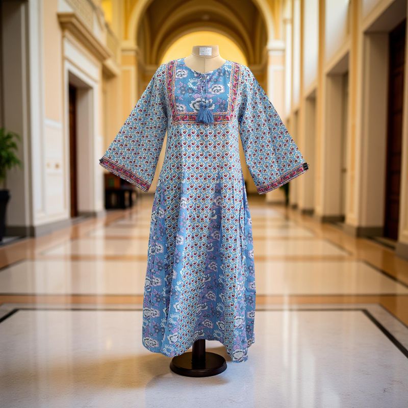 S/M Anaya Printed Cotton Dress 57&quot; Long Jalabiya