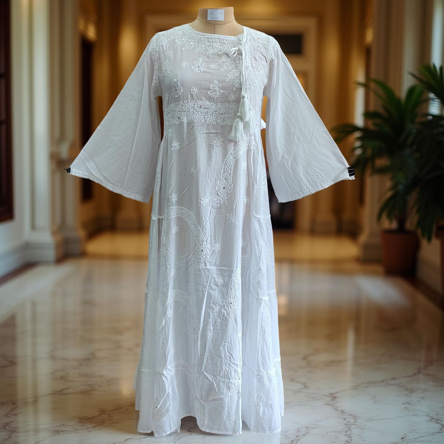 S/M Cindrella White Plain Cotton Dress 57&quot; Long Jalabiya