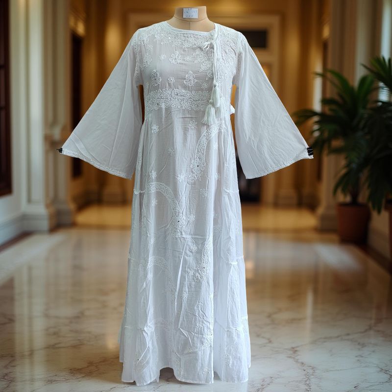 S/M Cindrella White Plain Cotton Dress 57&quot; Long Jalabiya