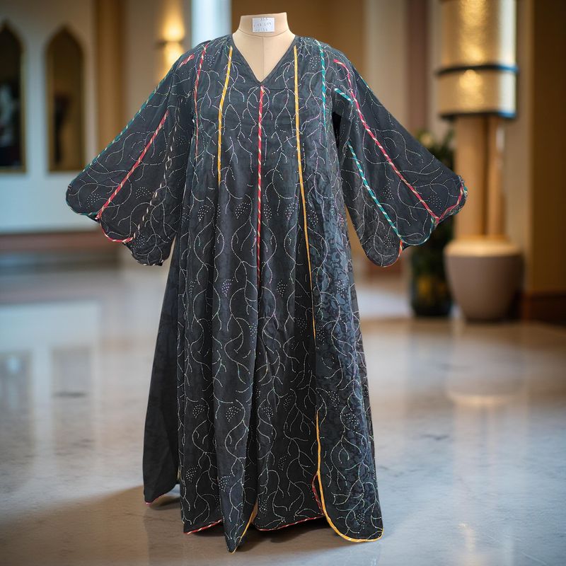 XS/S Meher Crystal Black Printed Cotton Dress 54&quot; Long Jalabiya