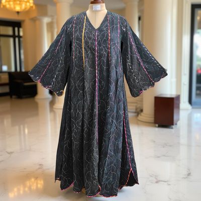 S/M Meher Crystal Black Plain Cotton Dress 57&quot; Long Jalabiya