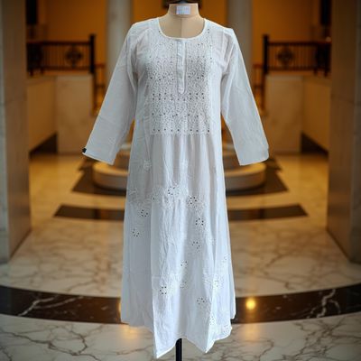 S/M Special Embroidery White Cotton Dress 57&quot; Long Jalabiya