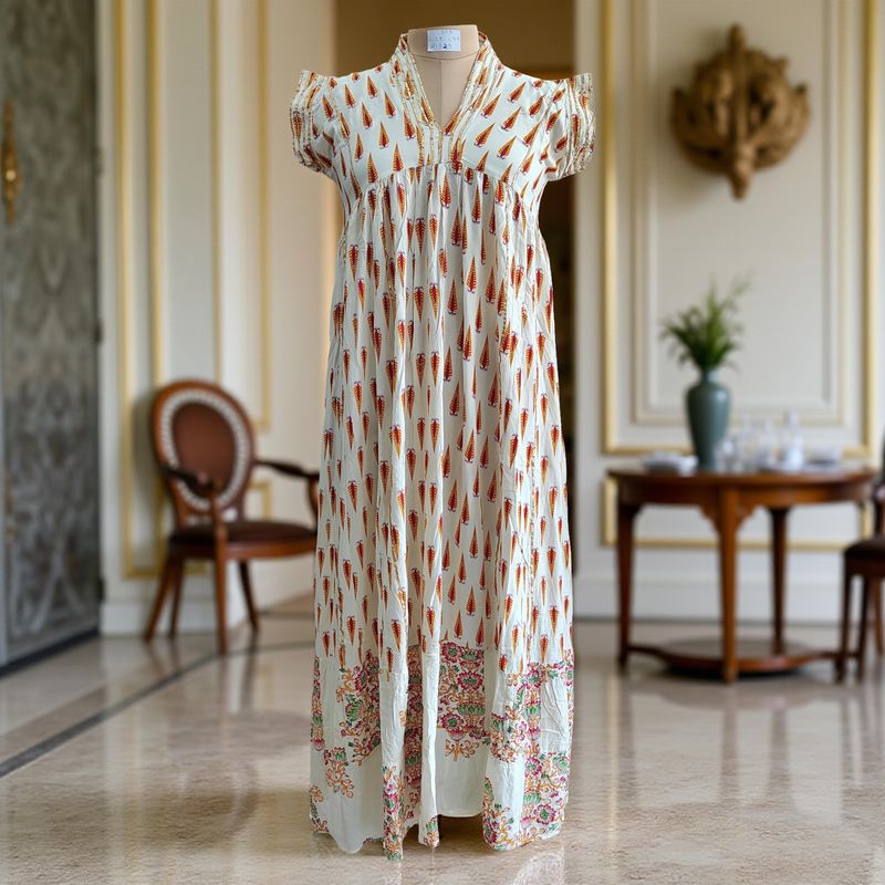 XS/S  Amani Printed Rayon Dress 54&quot; Short Sleeves Jalabiya