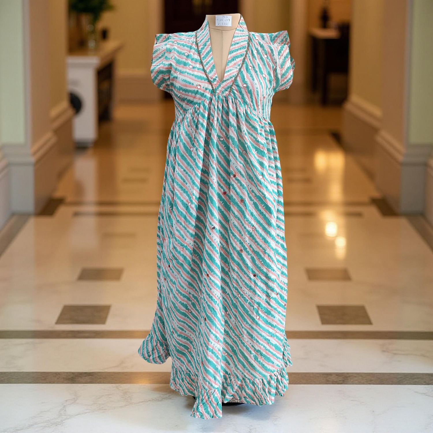 XS/S  Amani Printed Cotton Dress 54&quot; Short Sleeves Jalabiya