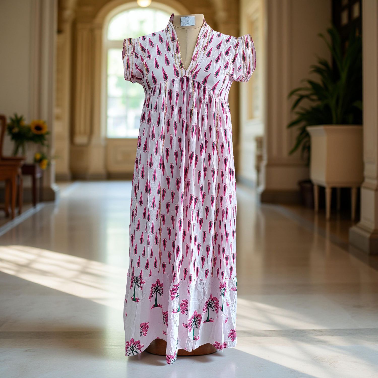XS/S  Amani Printed Rayon Dress 54&quot; Short Sleeves Jalabiya