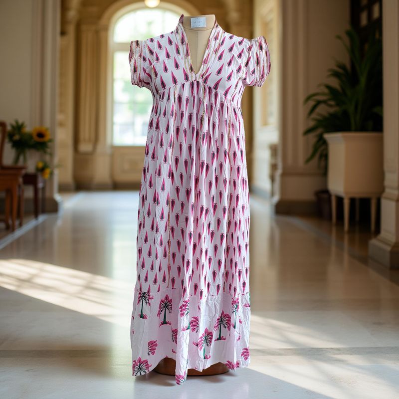 XS/S  Amani Printed Rayon Dress 54&quot; Short Sleeves Jalabiya