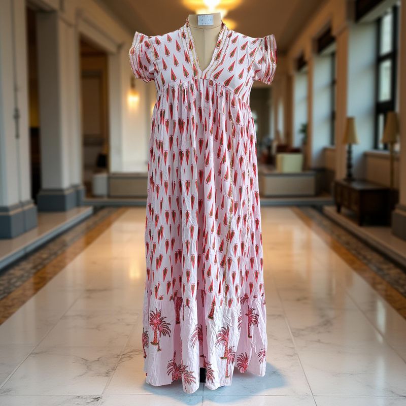 XS/S  Amani Printed Rayon Dress 54&quot; Short Sleeves Jalabiya