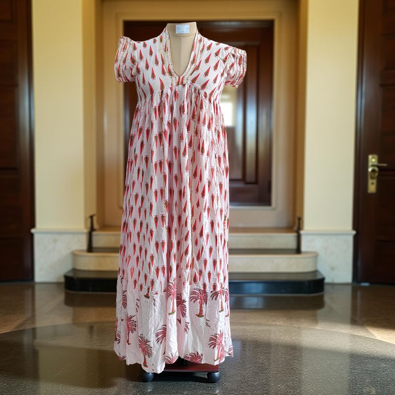 XS/S  Amani Printed Rayon Dress 54&quot; Short Sleeves Jalabiya