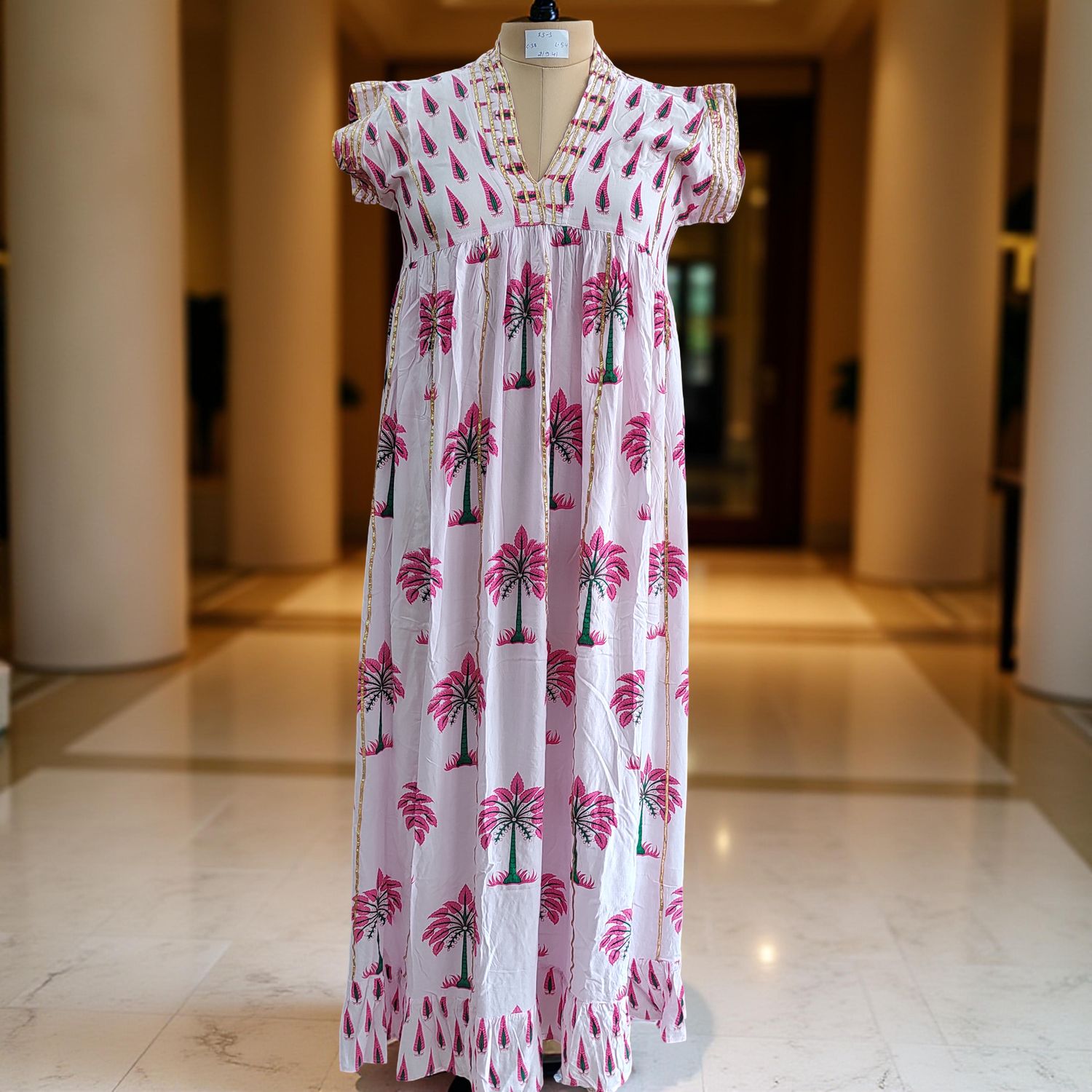XS/S  Amani Printed Rayon Dress 54&quot; Short Sleeves Jalabiya
