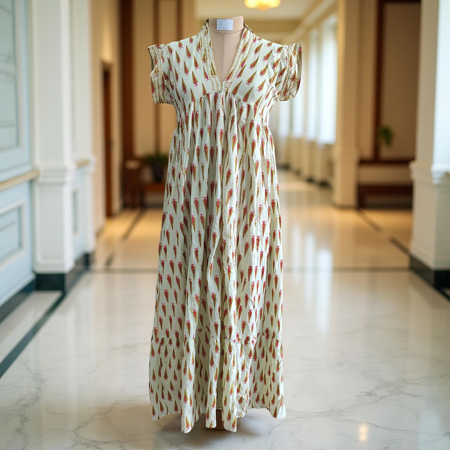 S/M  Amani Printed Rayon Dress 57&quot; Short Sleeves Jalabiya