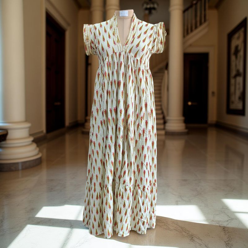 S/M  Amani Printed Rayon Dress 57&quot; Short Sleeves Jalabiya