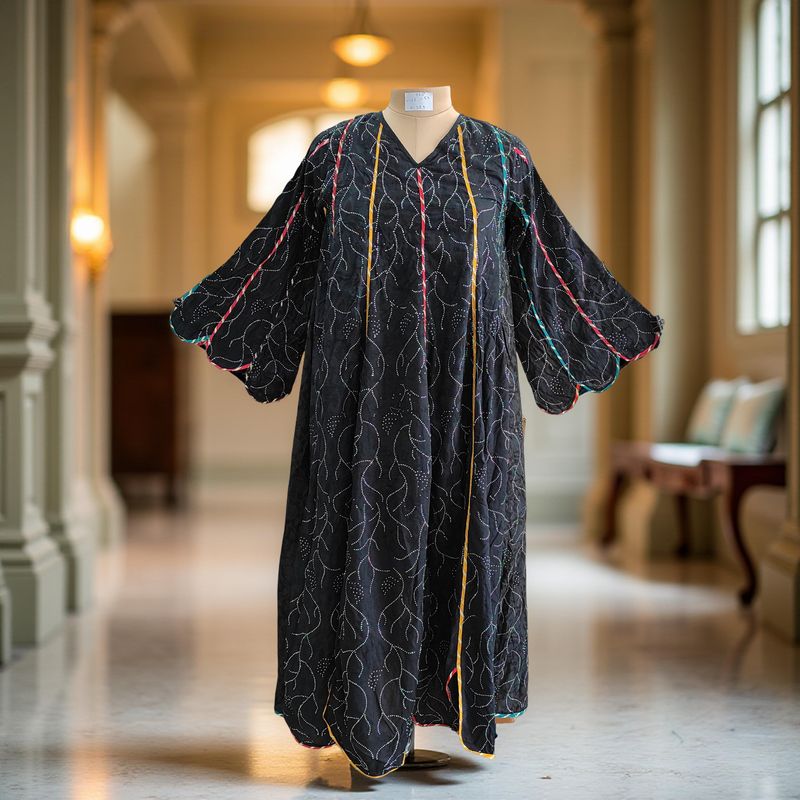 XS/S Meher Crystal Black Printed Cotton Dress 54&quot; Long Jalabiya