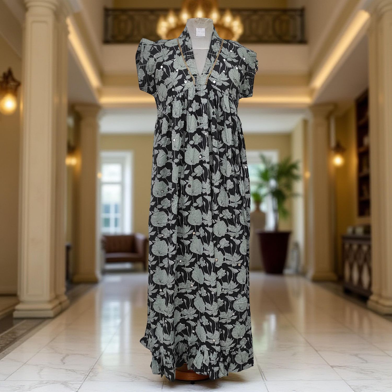 S/M Amani Printed Cotton Dress 57&quot; Short Sleeves Jalabiya